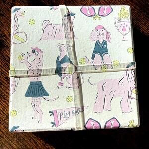 Pink Preppy Dogs Playing Ball Set of Four Sturdy Coasters New